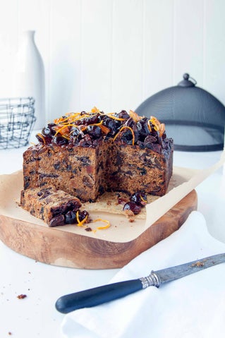 Rich chocolate, prune and fig Xmas cake