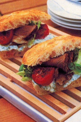 Turkish bread and cumin roasted lamb with basil, feta and yoghurt dressing