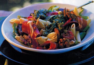 Grilled aubergines with pasta and walnut basil pesto