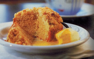 Pear, pinenut and vanilla cakes with creme anglaise