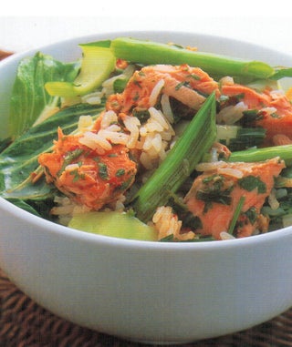 Ginger rice with marinated hot-smoked salmon