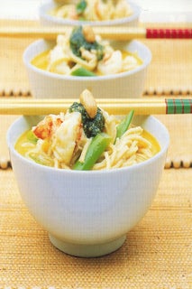 Prawn and chicken laksa with peanut and coriander pesto