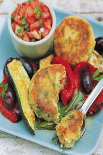 Herbed bean burgers with tomato and spring onion salsa