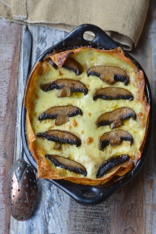 Puy lentil, roasted garlic, mushroom and pancetta lasagne