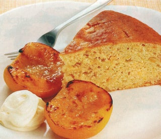 Citrus sour cream cake with roasted peaches.