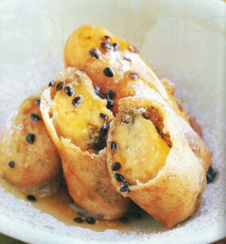 Stuffed Banana Fritters With A Passionfruit And Jaggery Sauce
