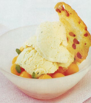 Pineapple and basil mascarpone ice cream with pine nut craquelin