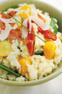 Snowpea And Scallopini  Risotto With Bacon