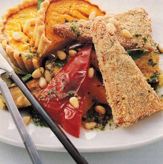 Polenta And Herb Crusted Tempeh With A Pumpkin And Pinenut Tart
