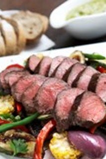 BBQ Cervena Venison Leg Fillets with Toasted Fennel Seed Crust Grilled Summer Vegetables and Walnut Pesto