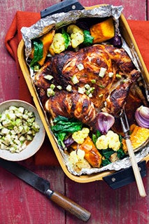 Tandoori-inspired roast chicken with pear and tamarind chutney
